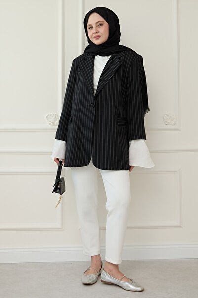 InStyle Черно сако на райета с волани на ръкави