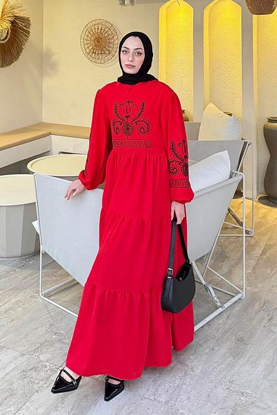 lamelif Tulip Embroidered Hijab Dress Red