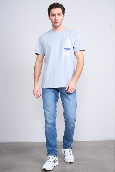 Çetinkaya Çetinkaya Chester Polo 3860 Crew Neck 30/1 Combed Slim Printed T-Shirt Gray