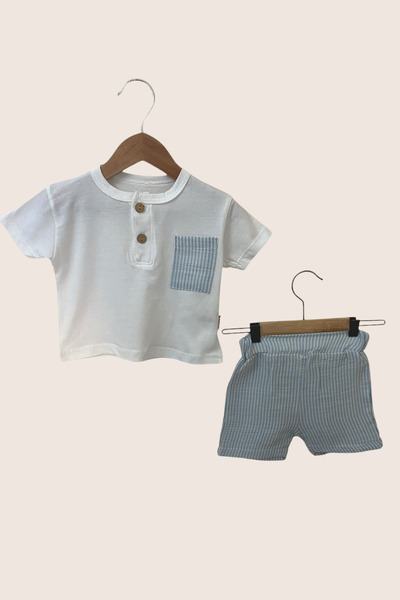 Balbadem baby kids Baby Boy Combed Cotton T-Shirt + Muslin Shorts Set |   Buttoned Pocket Detailed Summer Combination (6-9-12-18-24 Months)
