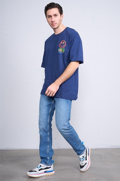 Çetinkaya Çetinkaya Chester Polo 3847 Crew Neck Combed Cotton Regular Printed T-Shirt Light Navy Blue