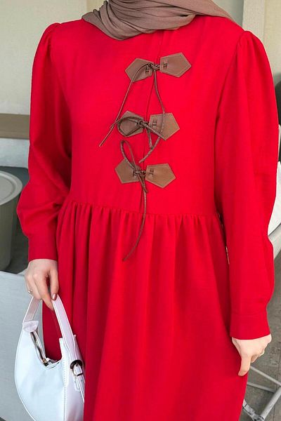 lamelif Leather Detailed Hijab Dress Red