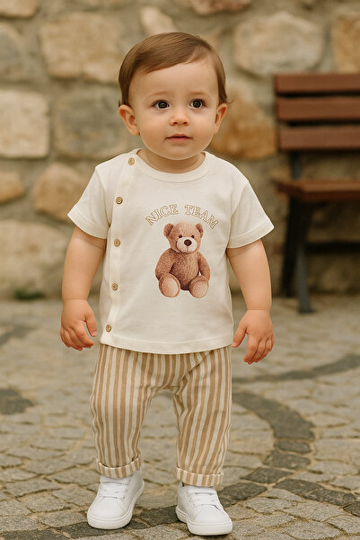 TRENDİMİZBİR Erkek Bebek Çizgili Teddy Yazlık Müslin Takım