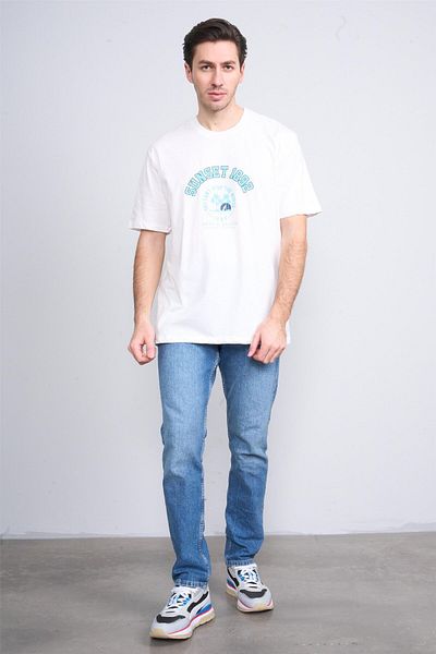 Çetinkaya Çetinkaya Chester Polo 3838 Crew Neck 30/1 Combed Regular Printed T-Shirt Cream