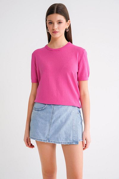 Mixray 6935 Women's Basic Knitwear Short Sleeve Sweater Pink