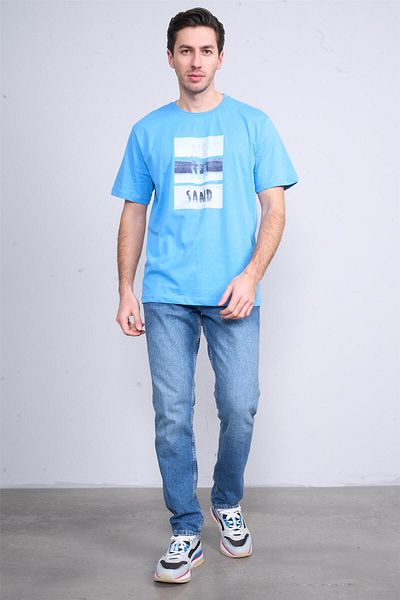 Çetinkaya Tricou Çetinkaya Chester Polo 3867 Crew Neck 30/1 din bumbac pieptănat cu imprimeu obișnuit Albastru