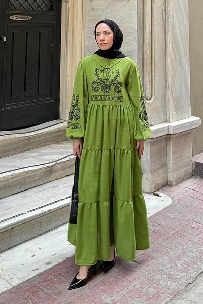 lamelif Φόρεμα Hijab με Κεντητό Τουλίπα Λαδί Πράσινο 2