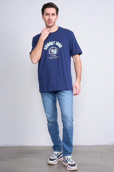 Çetinkaya Çetinkaya Chester Polo 3838 Crew Neck 30/1 Combed Regular Printed T-Shirt Light Navy Blue