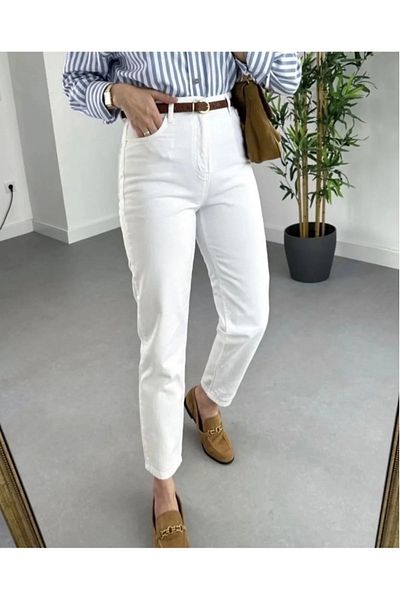 TugsatTasarTekstil Prague White Boyfriend Mom Jean Women's Relaxed Jeans