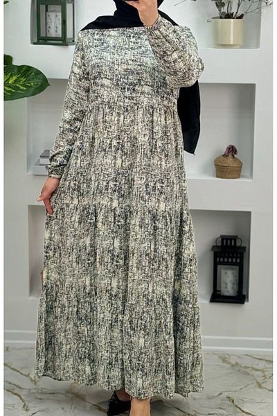 Dagü Design Women's Hijab Ruffled Patterned Gray, Ecru Viscose Long Dress