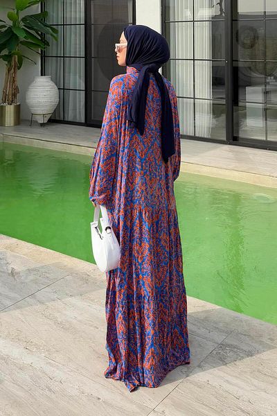 lamelif Φόρεμα Hijab με έθνικ μοτίβο με νυχτερίδα Indigo
