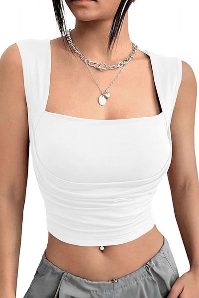 World Fashion Trends Square Neck Gather Detailed Stretchy Ecru Crop Blouse