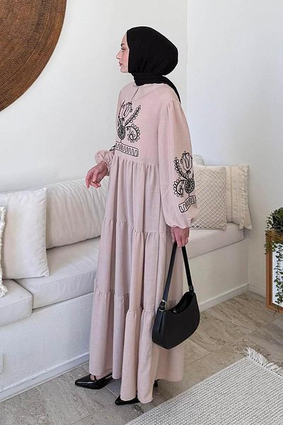 lamelif Φόρεμα Hijab Μπεζ με Κέντημα Τουλίπα