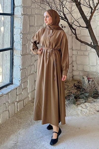 lamelif Front Button Closure Hijab Dress Chocolate Brown
