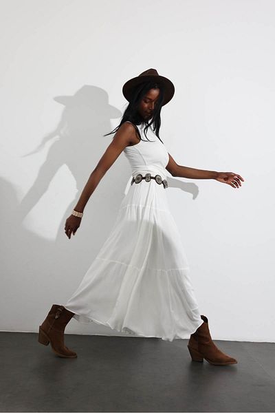 5in1Canpolat White Elastic Waist Maxi Length Skirt 16780