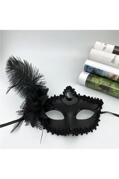 Skygo Black Matte Color Side Feather with Roses Party Prom Venetian Mask 16x22