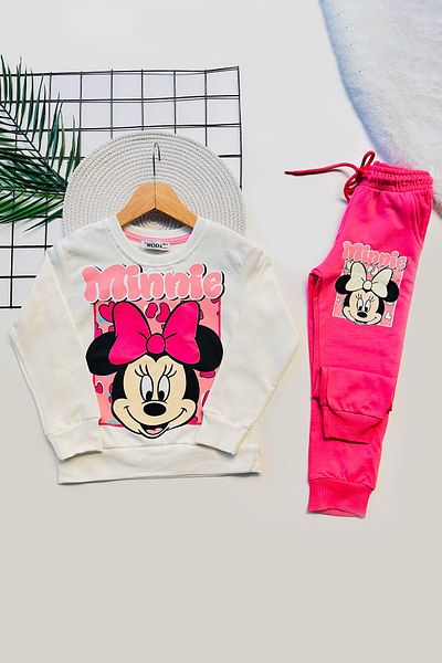 TRENDİMİZBİR Girl's Minnie Printed Hooded Pink Bottom Top Set