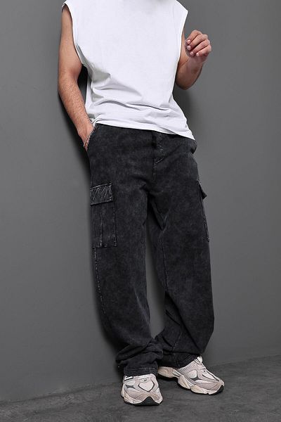 Slatra Men's Black Washed Cargo Baggy Fit Sweatpants