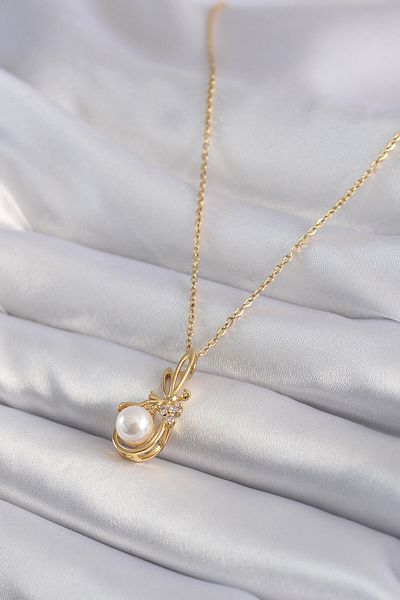 Skygo 316L Steel Gold Color Zircon Stone Detail Women's Necklace with Pearls - TJ-BKO8354