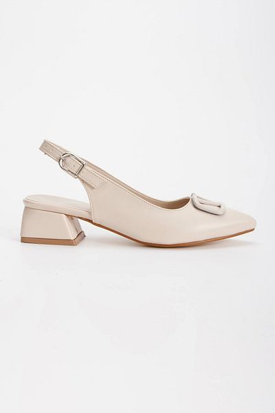 MFT AYAKKABI Women's Beige Buckle Short Thick Heel Pointed Toe Shoes