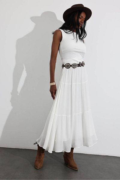 5in1Canpolat White Elastic Waist Maxi Length Skirt 16780