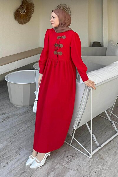 lamelif Leather Detailed Hijab Dress Red