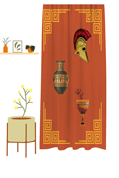 GREENDECOR Ethnic Roman Antique Vase Soldier Egyptian Patterned Bohemian Special Design Digital Printed (Single Wing) Background Curtain