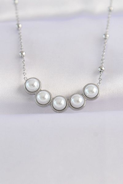 Skygo 316L Steel Chain Silver Color Row Pearl Rhinestone Necklace - Tj-Bko8654