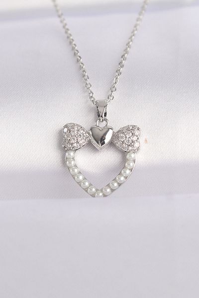 Skygo 316L Steel Chain Silver Color Pearl Stone Detail Heart Necklace with Zircon Stone - Tj-Bko8629