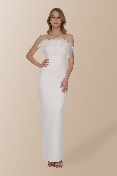 Elif Naz Moda Evi White Otrishi Detailed Strapless Long Dress