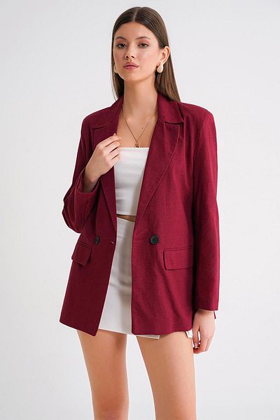Mixray 4685 Women's Double Breasted Linen Jacket Claret Red