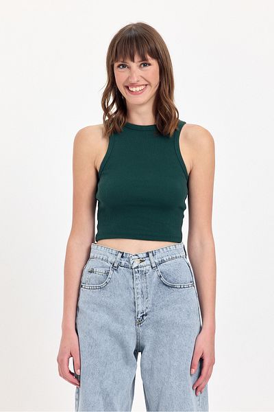 JBC Women's Body Fitted Crop Halter Neck Ribbed Stretchy Knitted Tank Top
