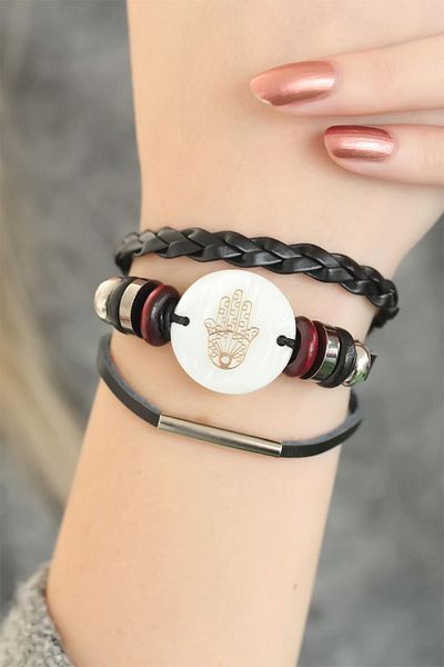 Skygo Black Color Fatma Ana Eli Design Multiple Leather Bracelet - TJ-BB2705-KS