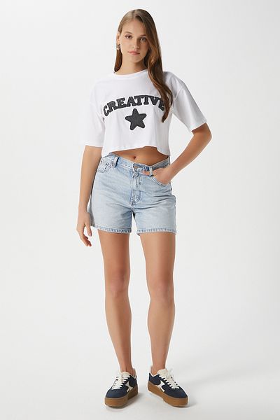 Ritnice Tricou Crop Brodat Antracit Creativ pentru Femei