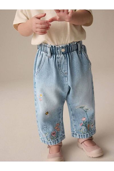 Motebarn Wear Girl's Floral Embroidered Waist Wide Leg Jean Jeans