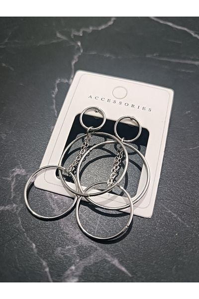 Serenita Mare Women's 316L Stainless Steel Multi-Ring Chain Detailed Asymmetrical Dangle Earrings – Silver Color