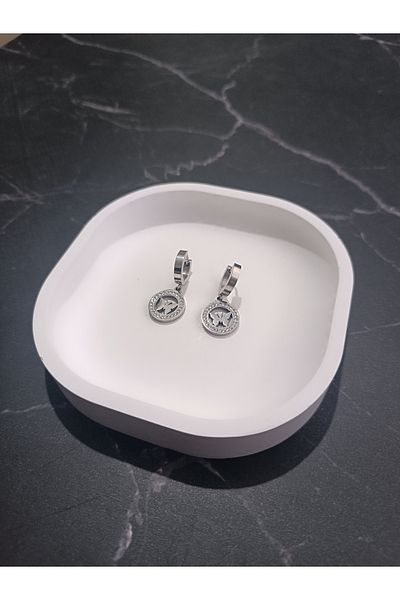 Serenita Mare Women's 316L Stainless Steel Zircon Stone Round Dangle Earrings – Silver Color