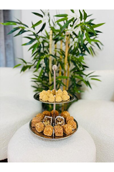 BİMOTE 2 Katlı Gümüş Kurabiye Standı, Dekoratif Sunum Tepsi, Pasta Servisi
