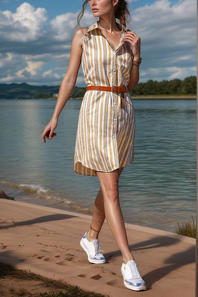 bacc Women's Mustard Linen Look Self Patterned Sleeveless Shirt Dress Bcbsk-25700-3583