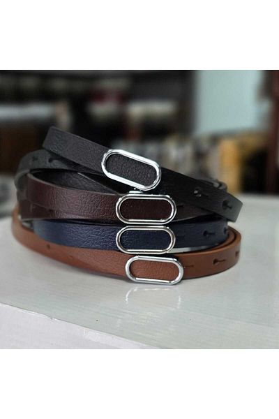 Kemerix 100% Genuine Leather Silver Buckle Thin Black-Tan-Navy Blue-Acute Brown 4-Piece Belt Set