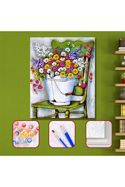 Pastelya Sayılarla Boyama Seti Çerçeveli Kasnaklı Sandalyedeki Bir Kova Çiçek...