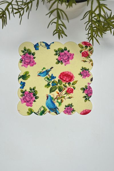 DECO Vanilla Light Yellow Background Blue Bird Patterned Digital Printed Laser Cut Cocktail Napkin
