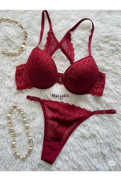 RUYAZ Set sutien și lenjerie de corp pentru femei, căptușit cu dantelă burgundă