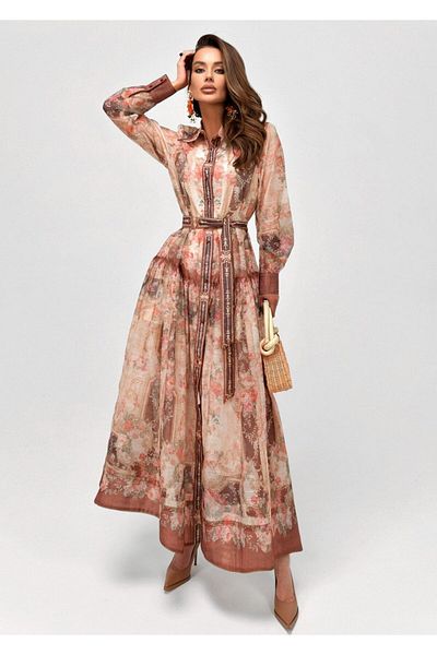 WellWay Linen Fabric Floral Patterned Shirt Collar Button Detailed Lined Brown Dress (Belt Included)-2721