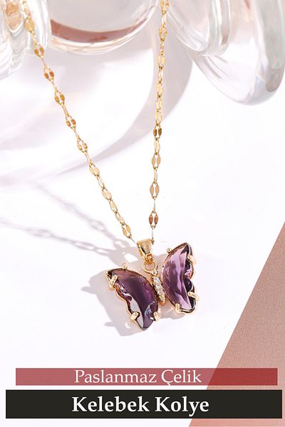 Nehir Trend Stainless Tarnish Steel Butterfly Necklace Valentines Women Fathers Teachers Day Gift