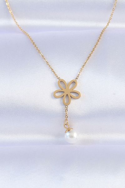 Skygo 316L Steel Chain Gold Color Pearl Detail Flower Necklace - Tj-Bko8730