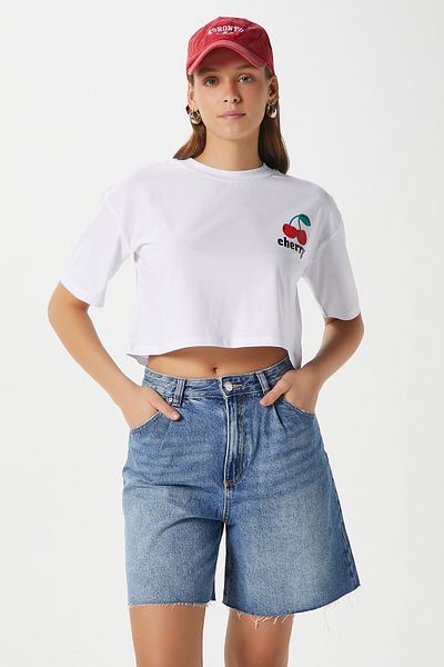 Ritnice Tricou crop alb cu imprimeu cireșe pentru femei