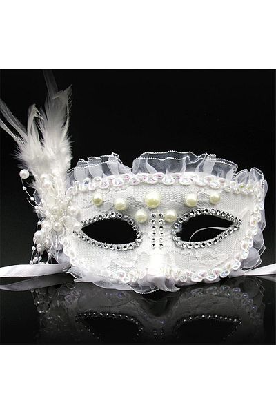 Skygo White Color Side Feather Pearl Embroidered Stone Lace Party Mask 17X12 cm