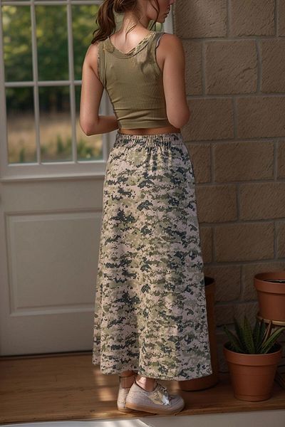 bacc Khaki Beige Camouflage Self Patterned Gabardine Double Pocket Elastic Waist Long Skirt Bcbsk-25700-3553