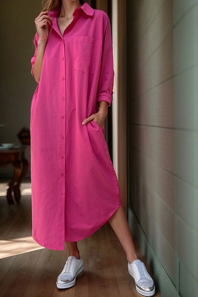 bacc Rochie cămașă lungă din popelin fucsia pentru femei Bcbsk-25700-3555
